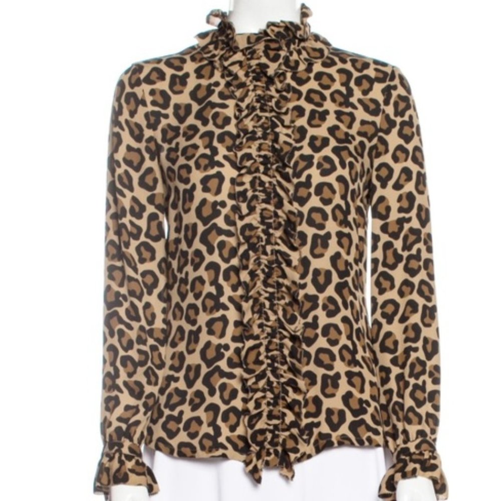 Tory Burch Leopard 100% Silk Ruffle Long Sleeve Blouse NWOT sz 6 - Picture 2 of 14